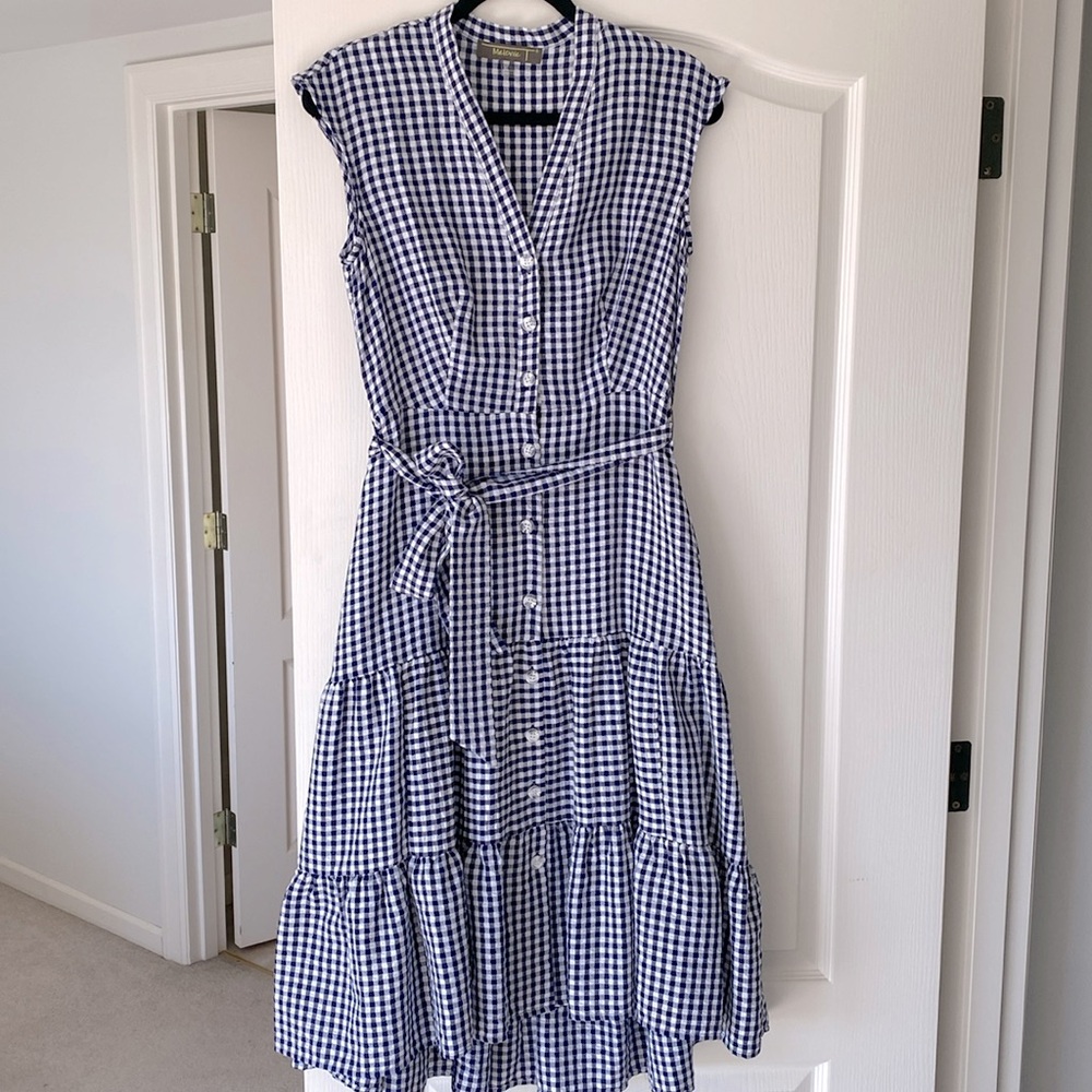Navy blue checkerboard sleeveless midi dress from Melonie T.